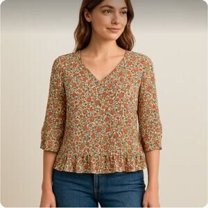 Cynthia Rowley Floral Ruffled 3/4 Sleeve Top Sz XS